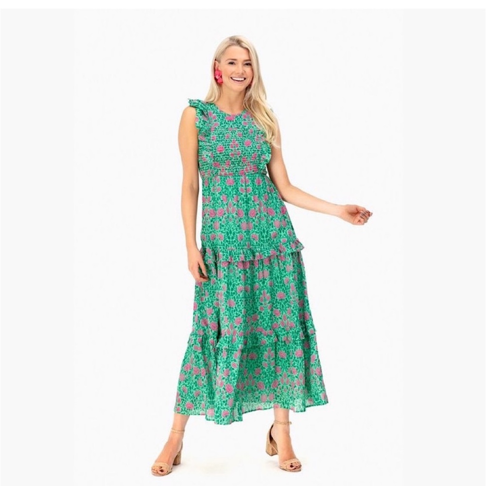 Banjanan Green Pink Rose Floral Iris Cotton Maxi
Dress XS